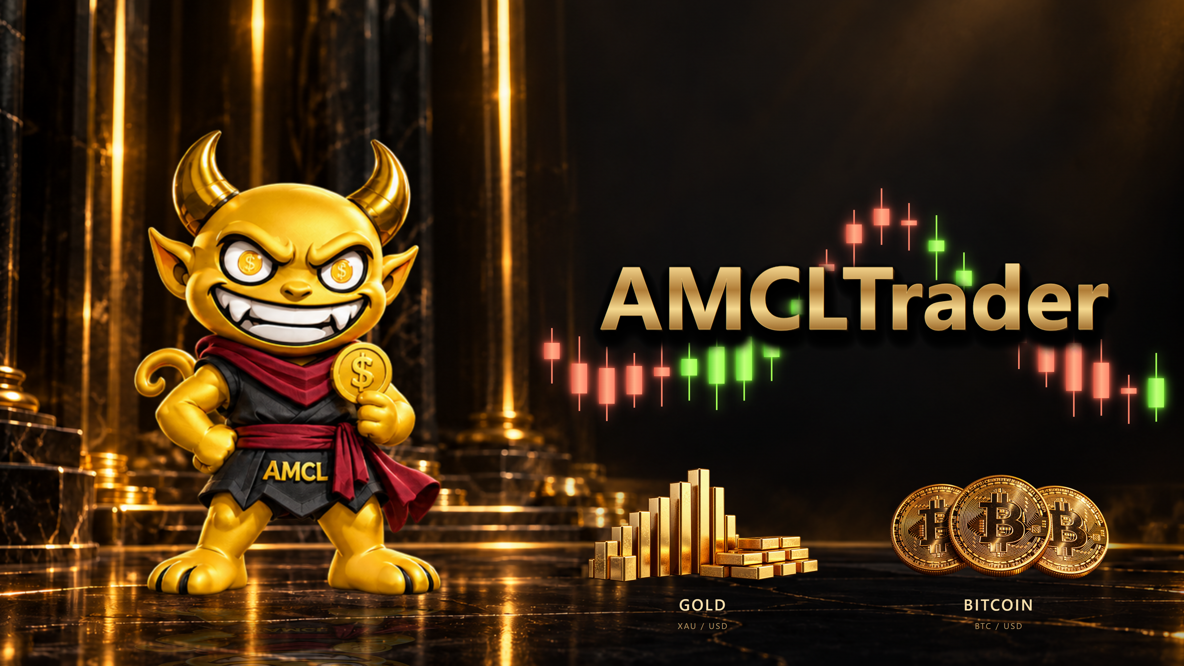 AMCLTrader gold mascot and wordmark